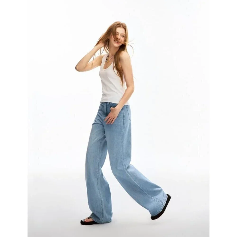 Women's Wide Leg High Rise Baggy Jeans Light Blue 28 Adjustable Snap